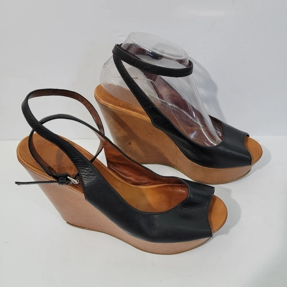 Marc By Marc Jacobs Black Leather Peep Toe Wedge Sandals Sz 39.5